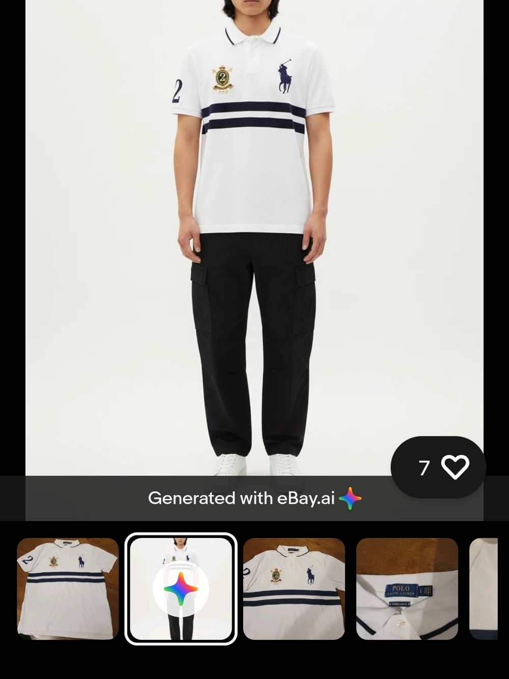 Ralph Lauren White Polo Shirt with Navy Stripes & Pony Logo - Picture 2 of 10